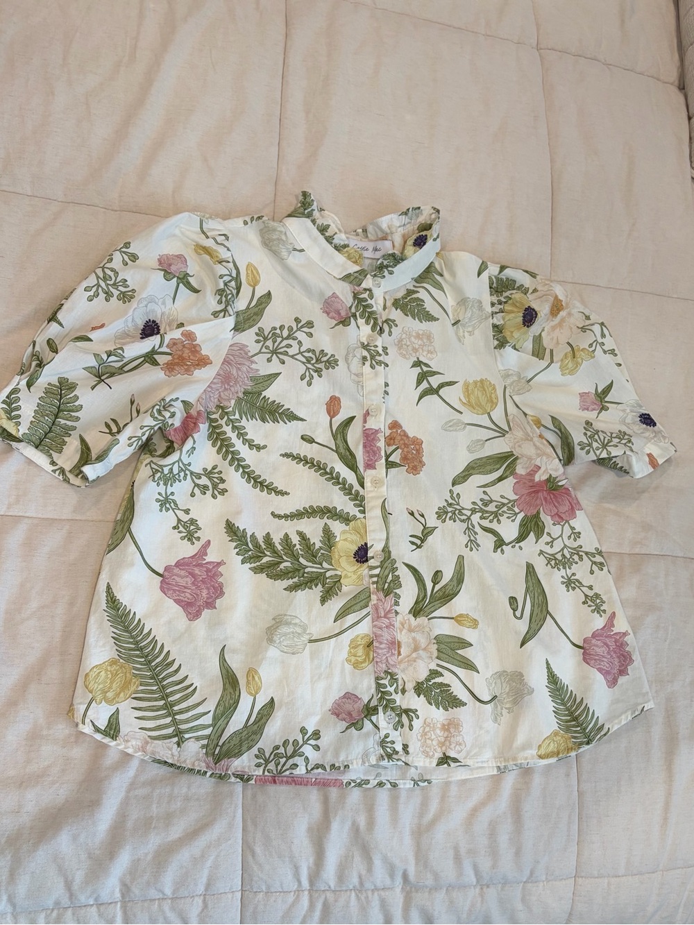 Floral Button-Up Women Top in White with Pastel Flowers